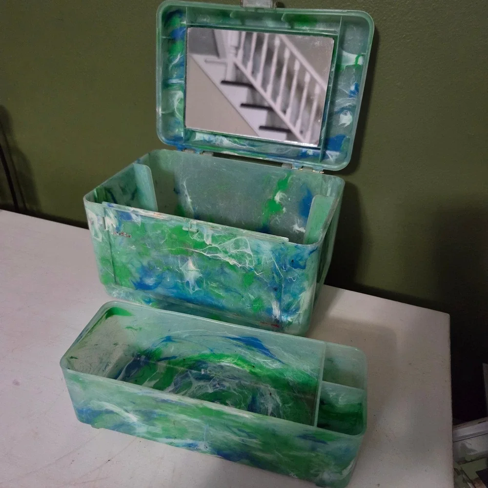 Caboodle Vintage Green Blue Marble Makeup Organizer Mirror Case